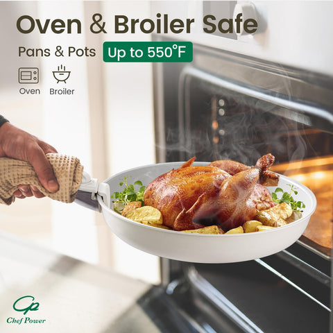 Chef Power skillet on induction cooktop cooking vegetables, proving multi-stove compatibility