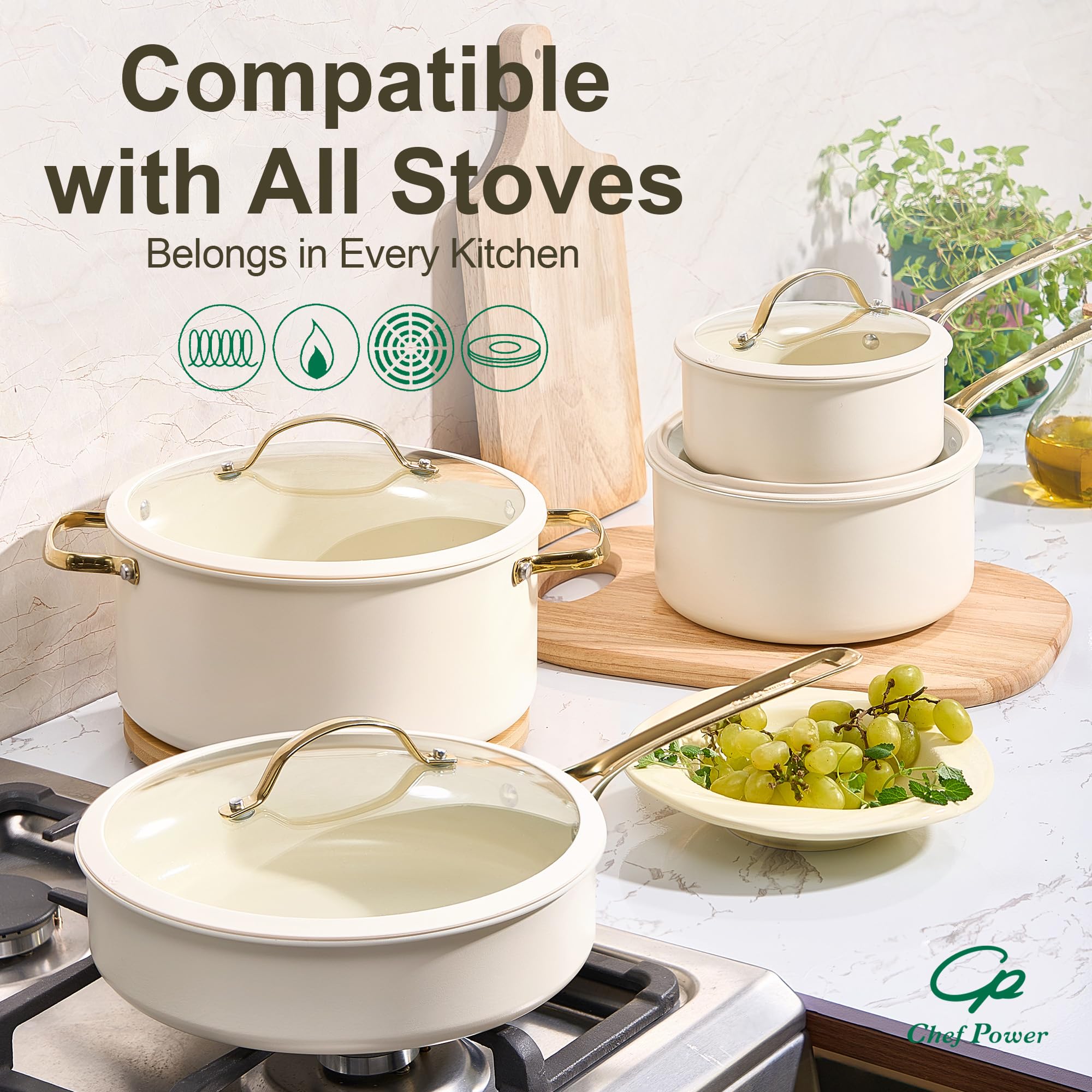Transparent silicone-glass lid from Chef Power showing steam release and oven-safe convenience for covered cooking