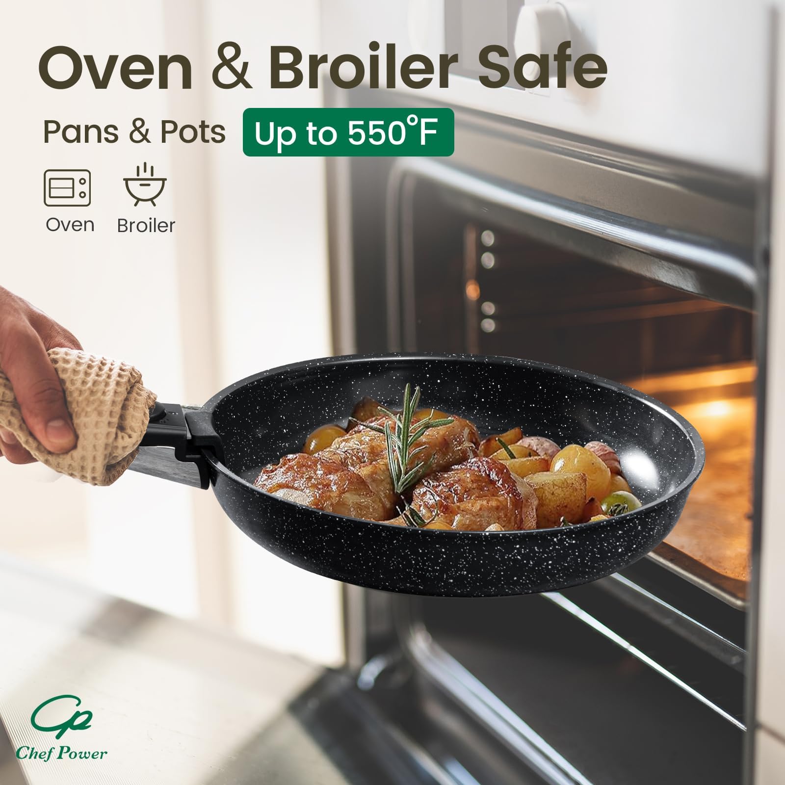 Chef Power silicone lids and utensils laid out for versatile, safe use