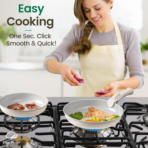 Chef Power set next to mugs and cutting board to show size and storage practicality