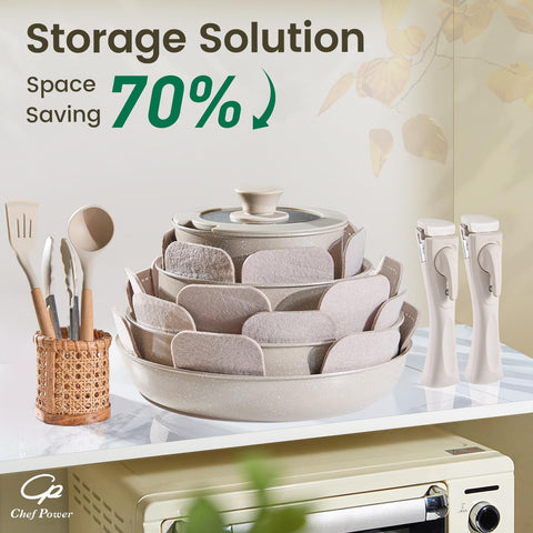 Chef Power stacked pans demonstrating space-saving storage advantage