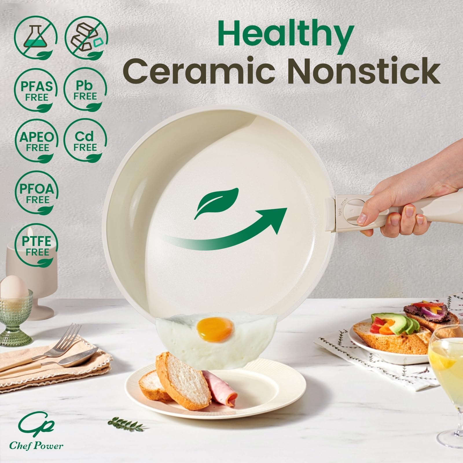 Chef Power stacked cookware saving cabinet space and preventing scratches