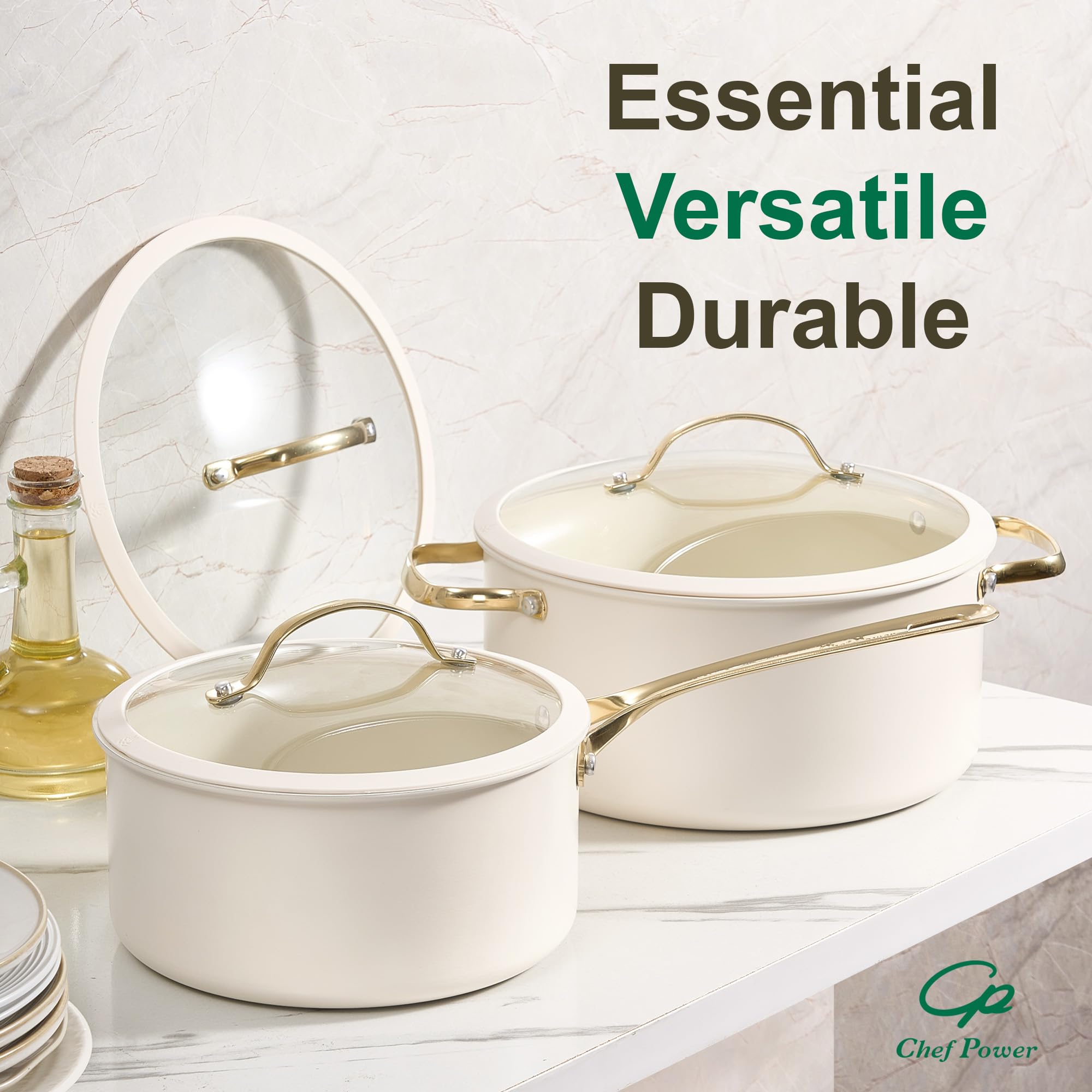 Stacked Chef Power pots with soft protectors illustrating scratch-free storage and organized kitchen saving space