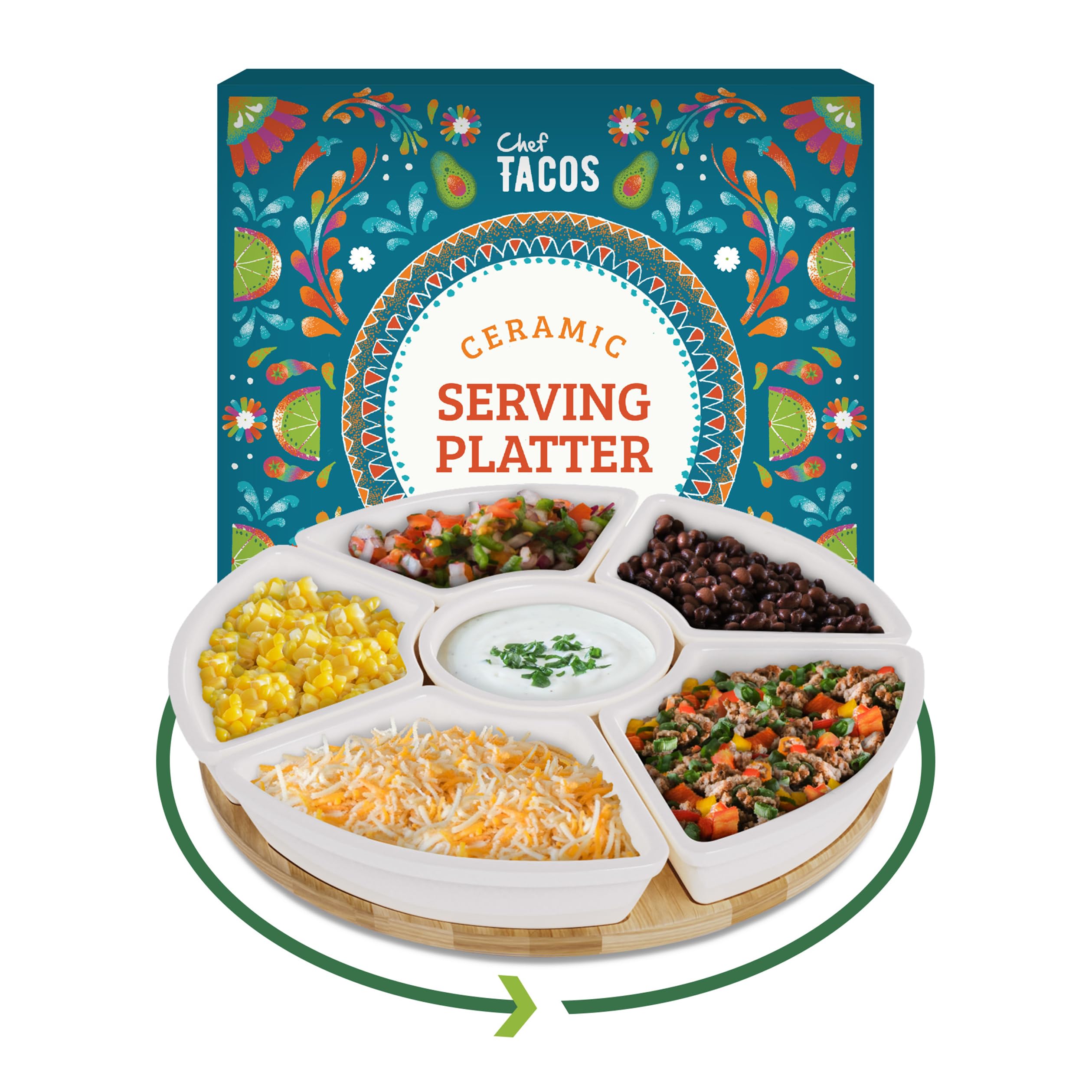 Chef Tacos front view of lazy susan platter showing neat presentation and easy sharing