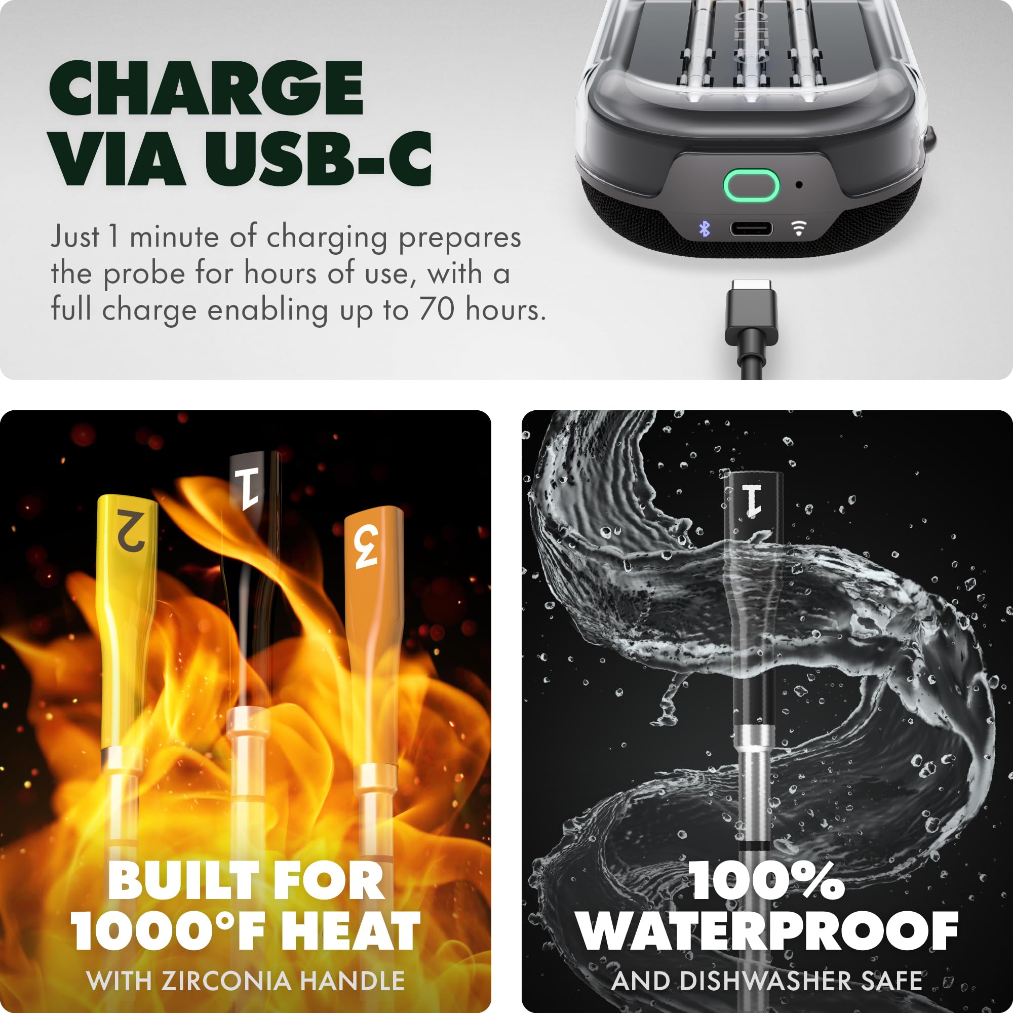 CHEF iQ smartphone app held in hand showing remote temperature readings and alerts