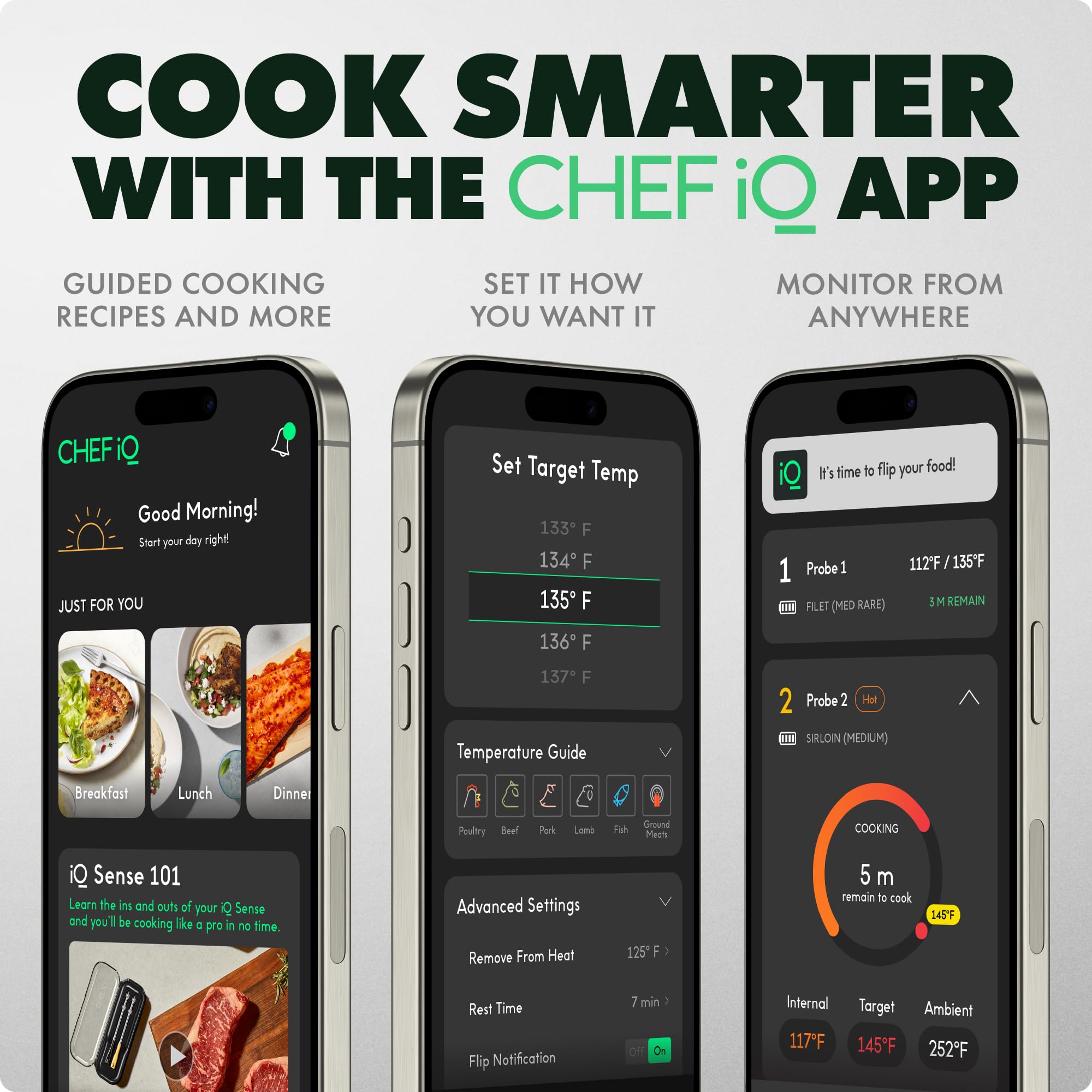 CHEF iQ three probes inserted into different cuts illustrating multi-protein cooking accuracy