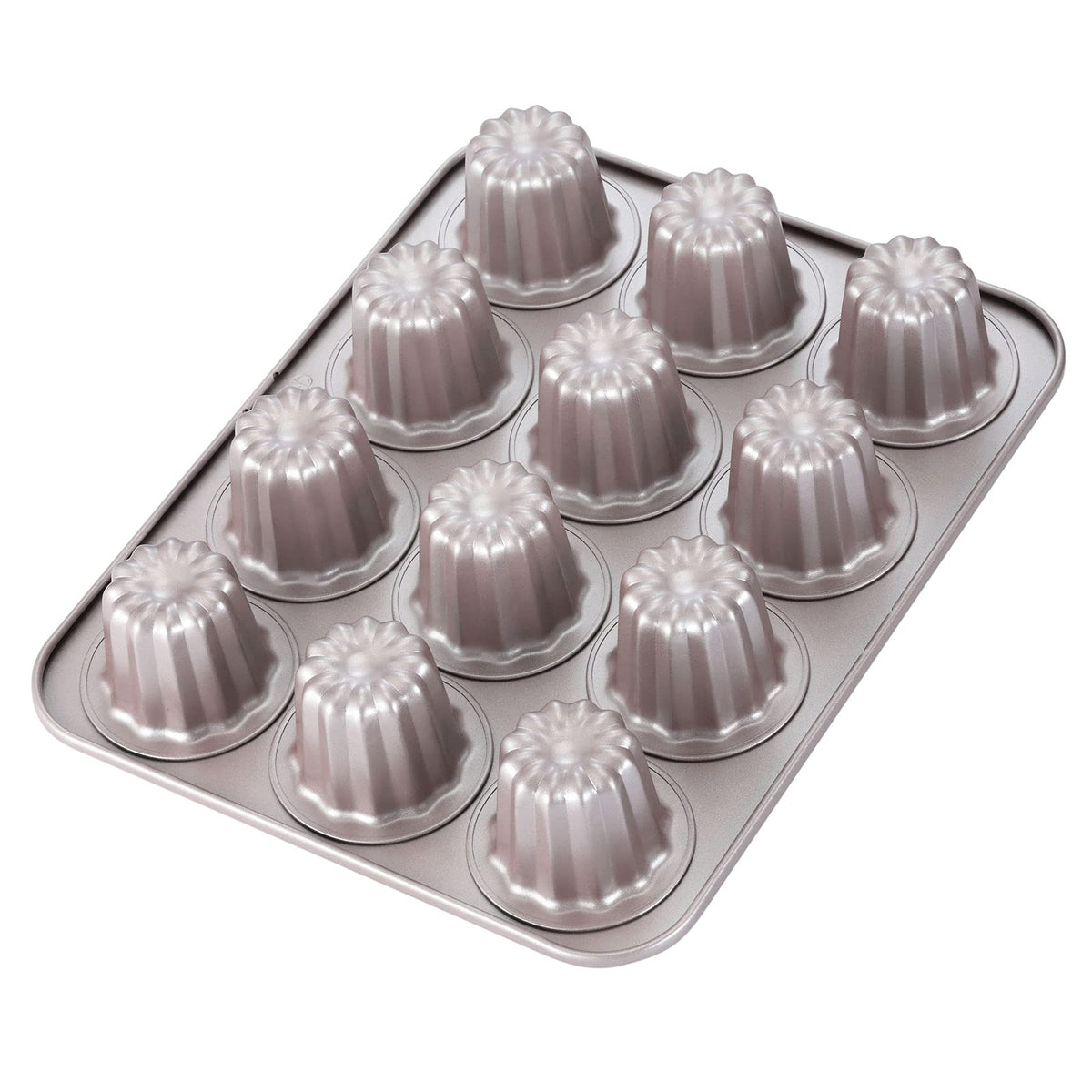 CHEFMADE front view of 12-cavity canelé pan showing champagne gold finish and uniform cavities, professional look