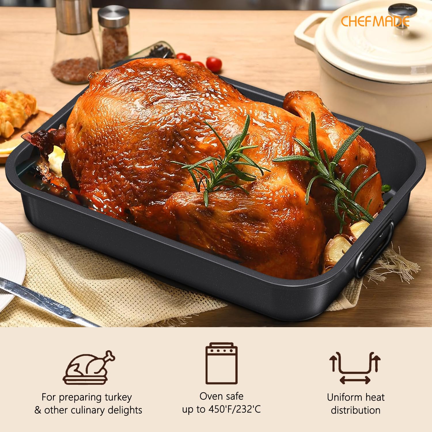 CHEFMADE pan in oven roasting chicken showing reliable high-heat performance