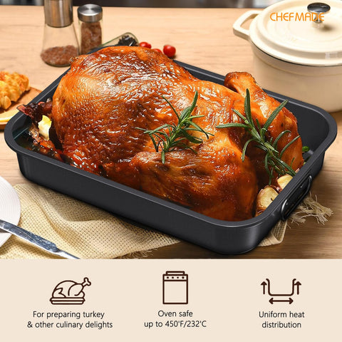 CHEFMADE pan in oven roasting chicken showing reliable high-heat performance