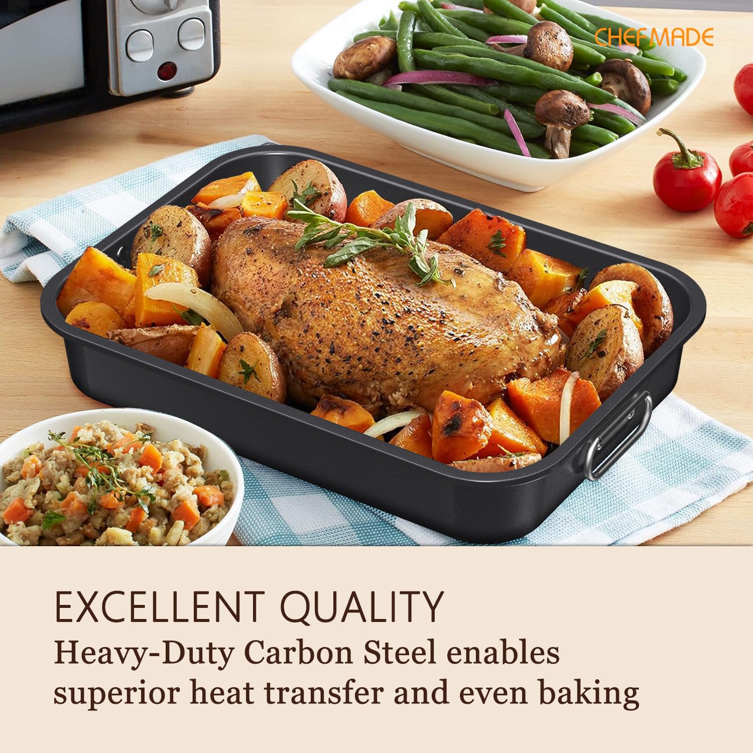 CHEFMADE pan next to utensils showing scale and family-size capacity
