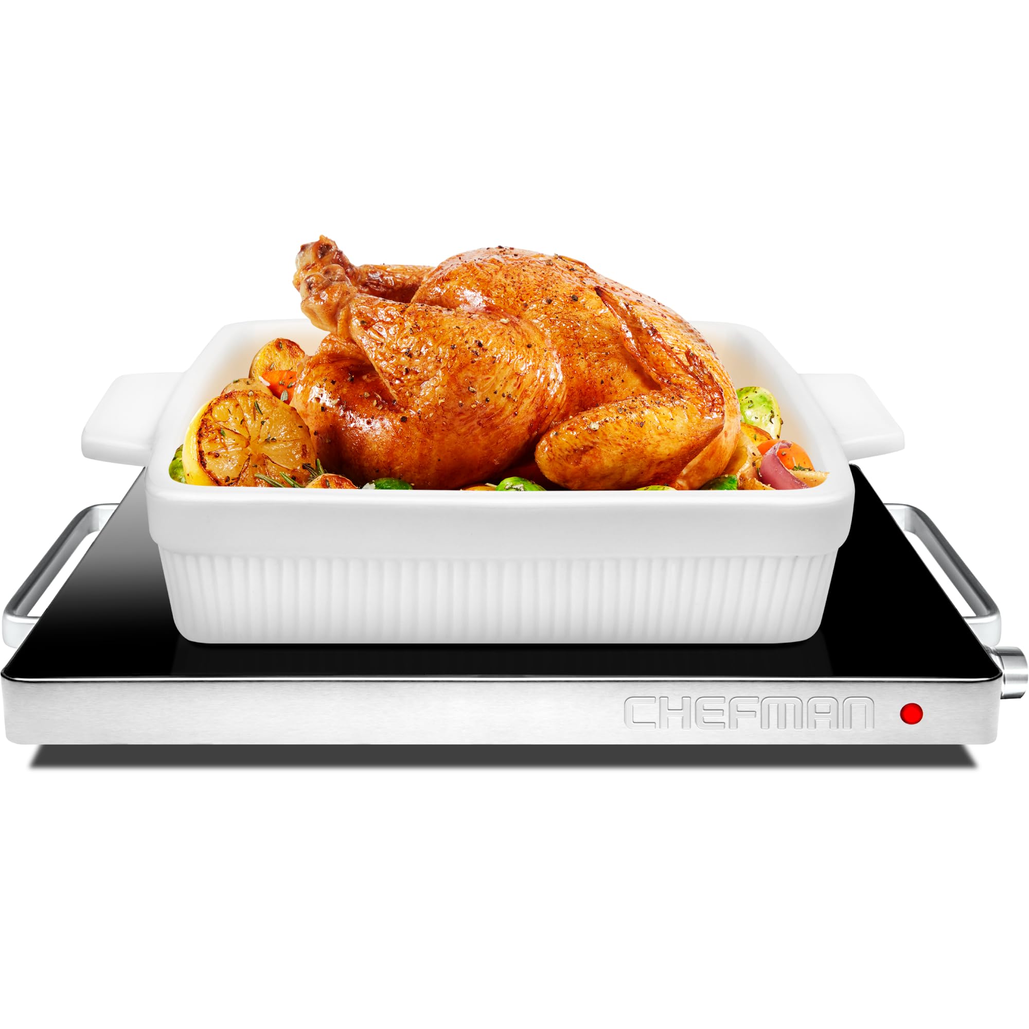 Chefman front view of glass top warming tray showing sleek design and durable finish