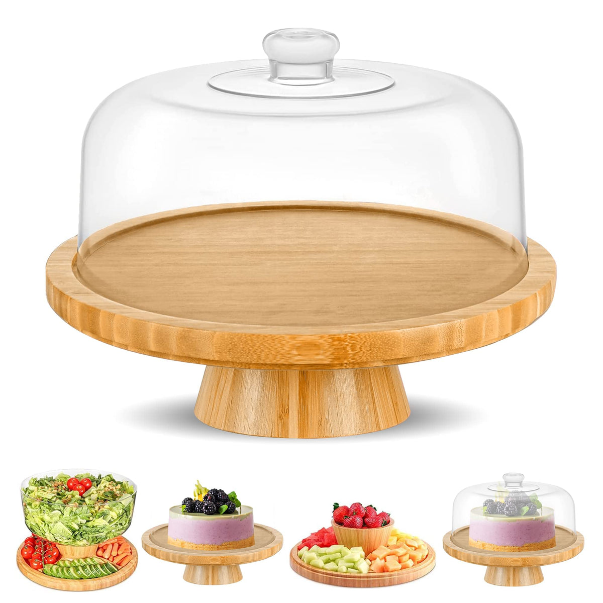 CHEF'S UNIQUE front view of bamboo cake stand showing elegant presentation