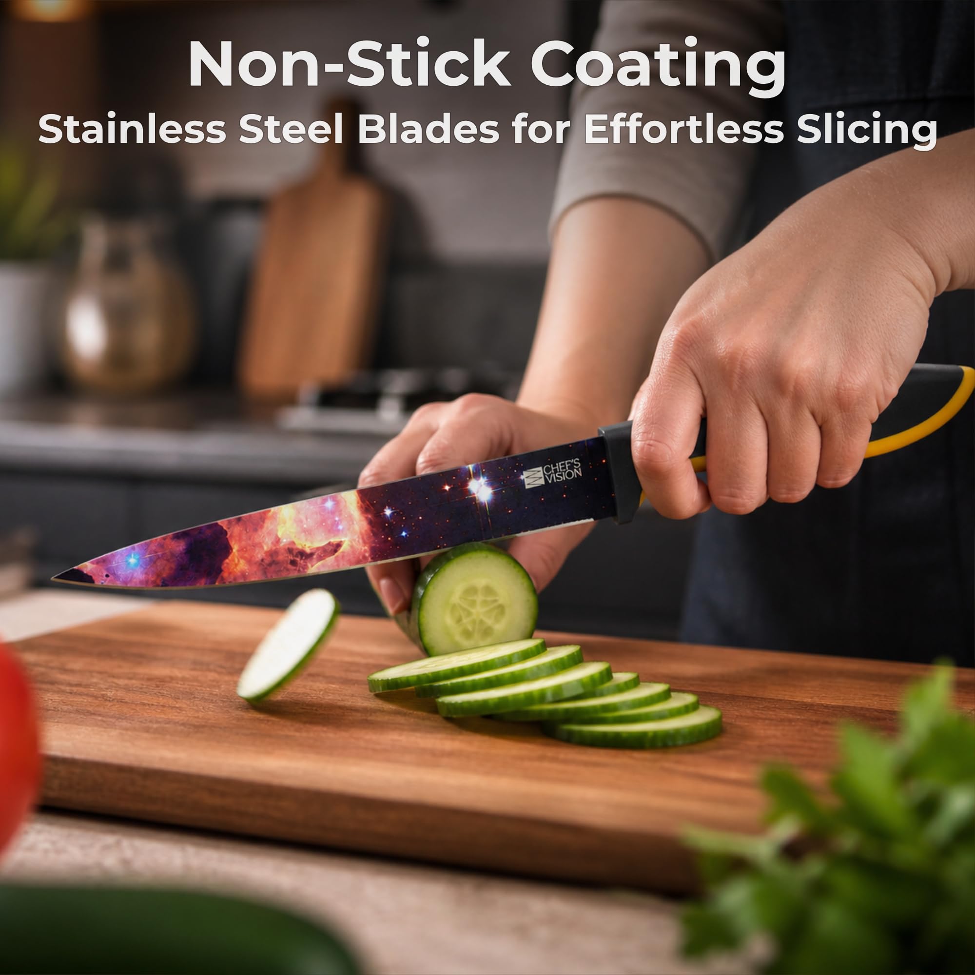 CHEF'S VISION blade texture detail highlighting stainless steel edge and easy cutting