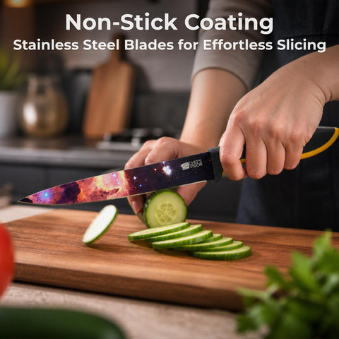 CHEF'S VISION blade texture detail highlighting stainless steel edge and easy cutting