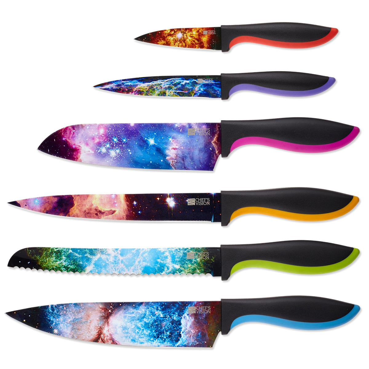 CHEF'S VISION front packaging showing colorful galaxy knife set and booklet, appealing gift