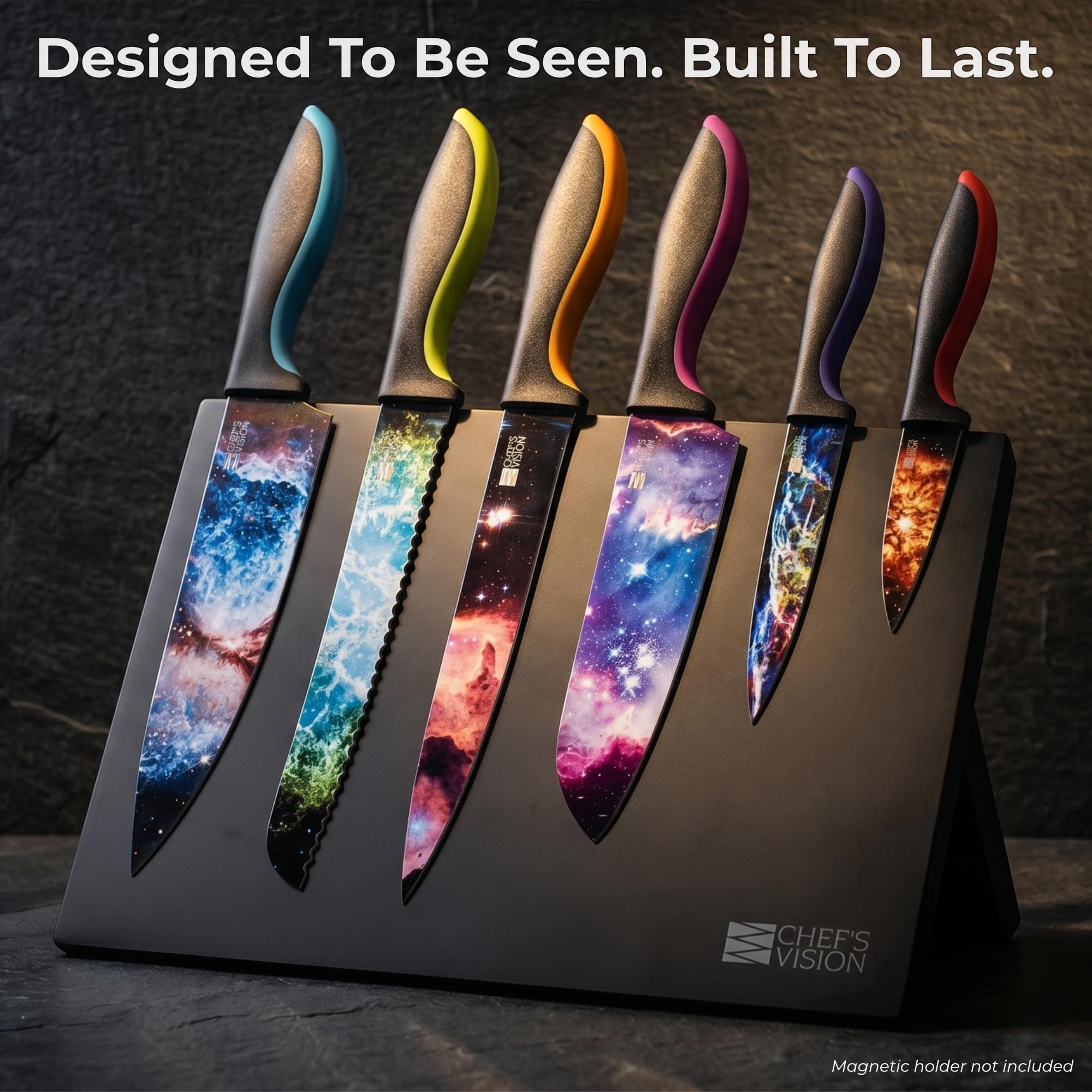 CHEF'S VISION Guide to the Cosmos booklet beside knives, enhancing gift presentation