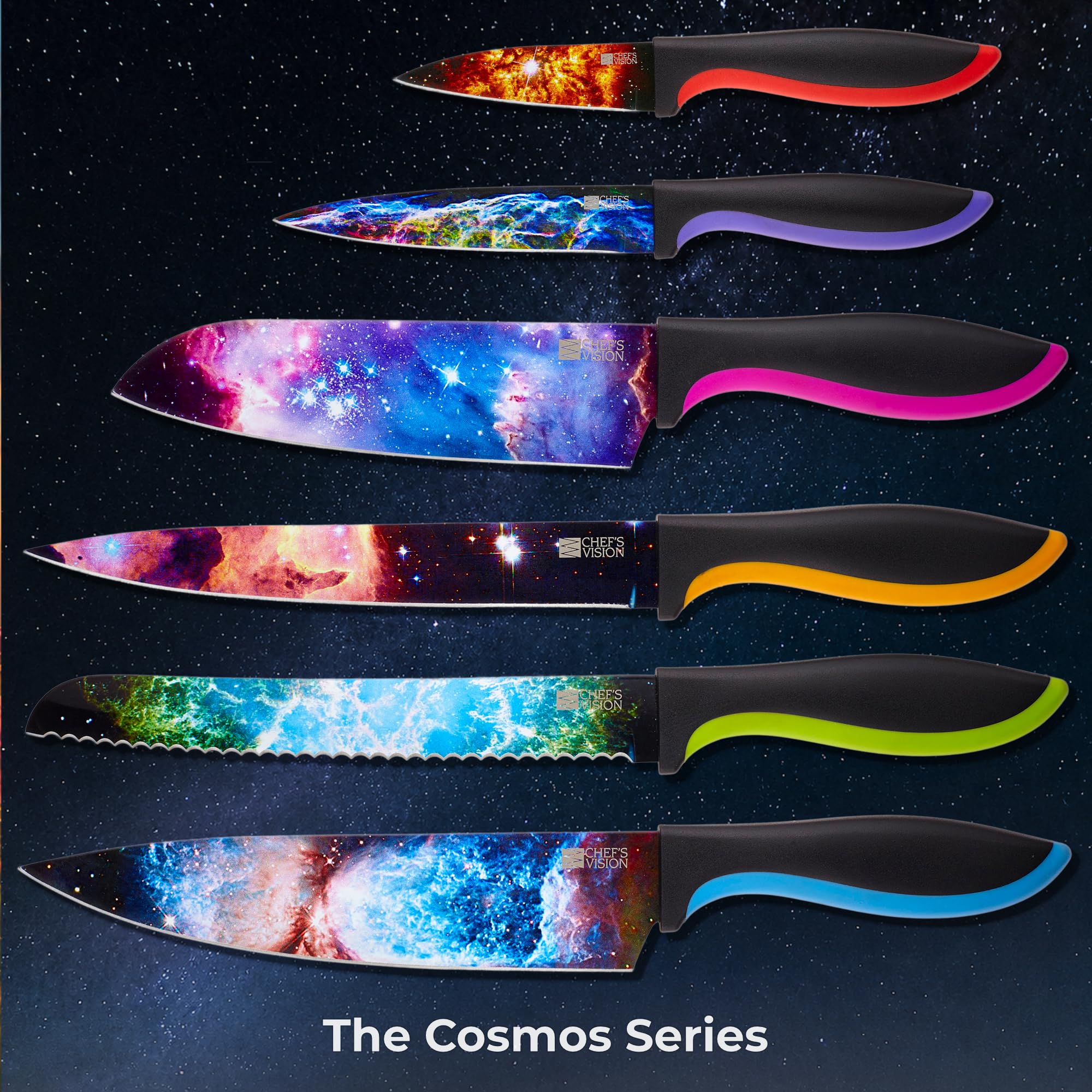 CHEF'S VISION kitchen counter display showing colorful knives as decorative practical tools