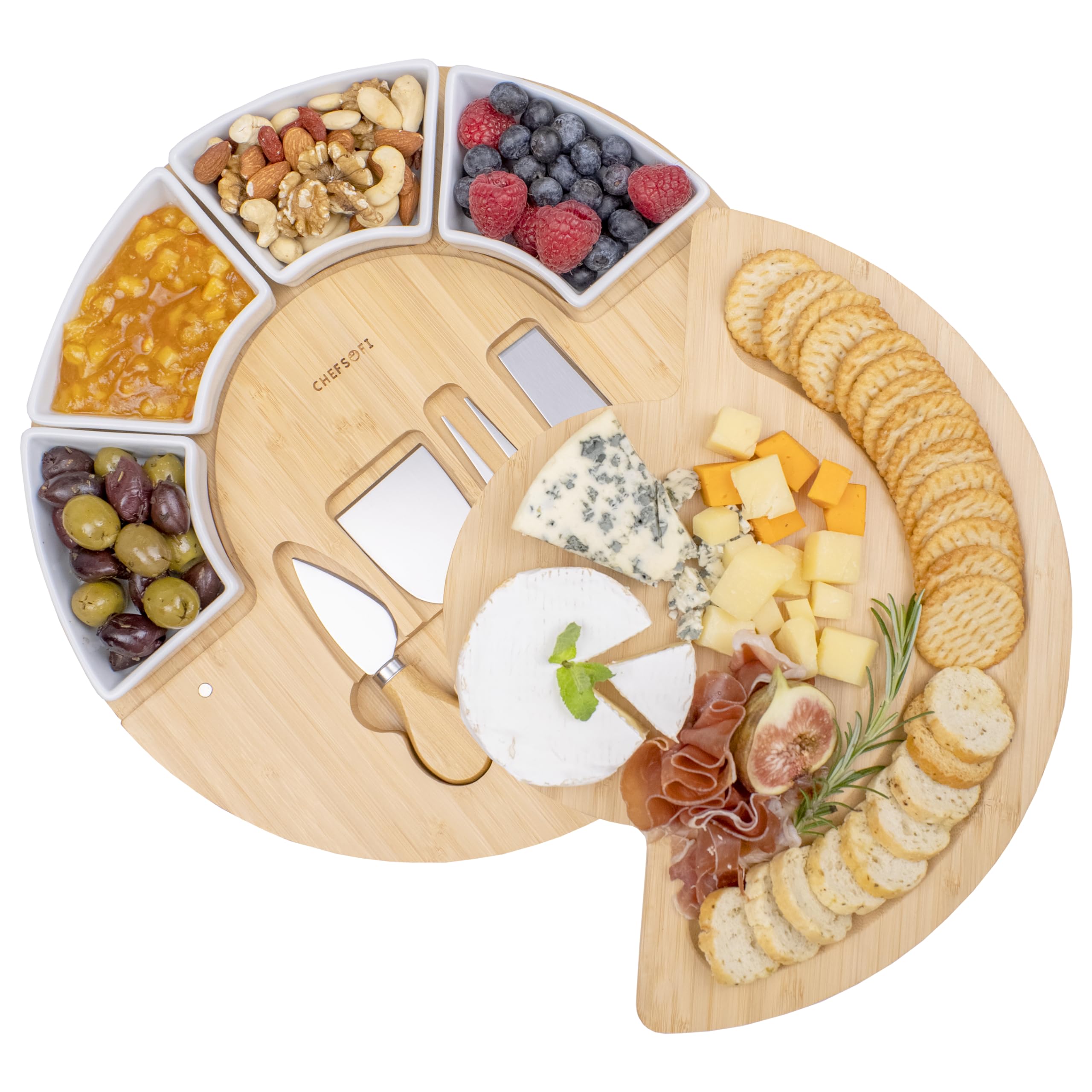 ChefSofi bamboo board front view showcasing full set and elegant presentation
