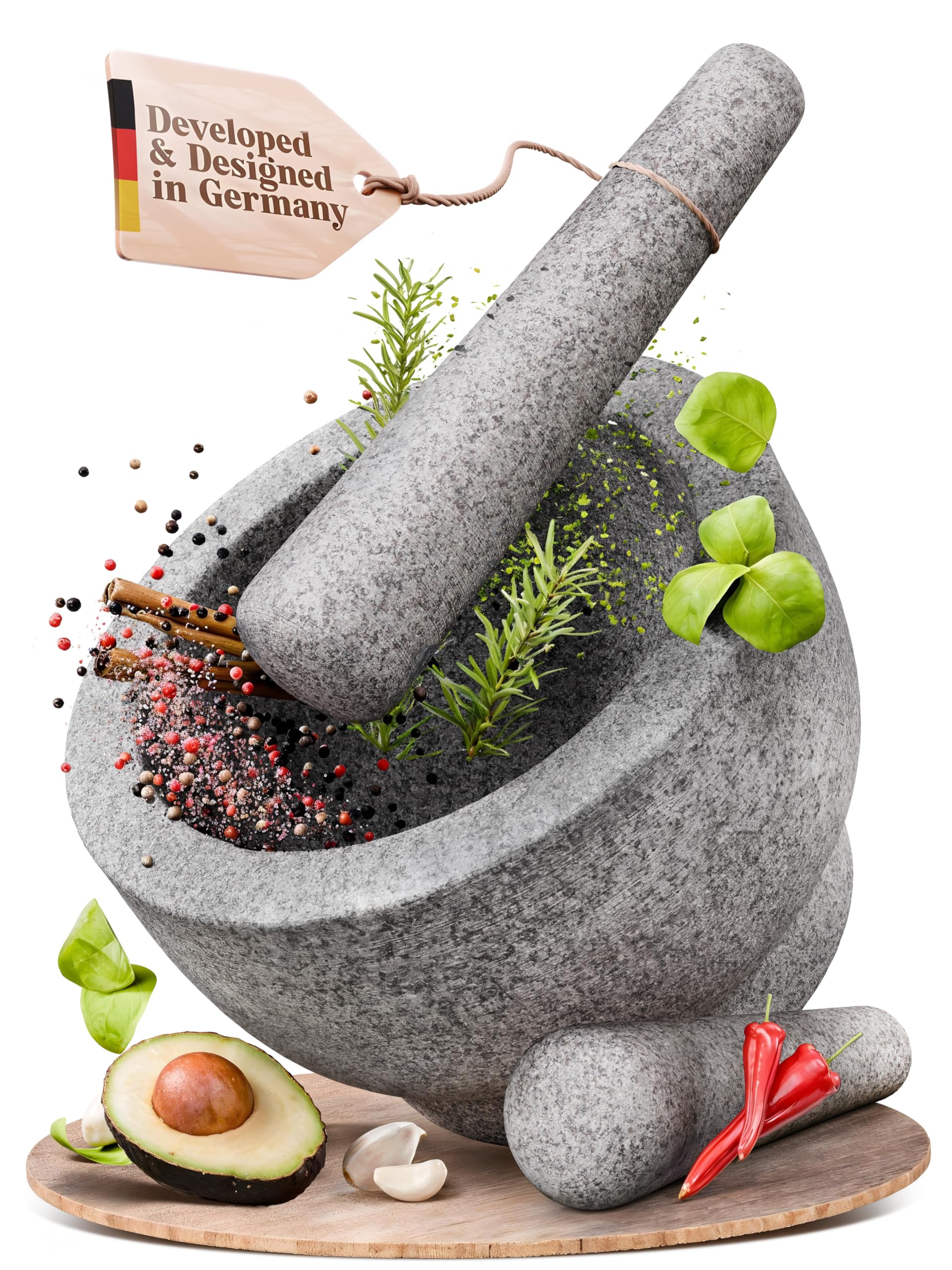 ChefSofi front view of gray mortar and pestle showing sturdy design and versatility