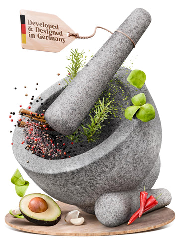 ChefSofi front view of gray mortar and pestle showing sturdy design and versatility