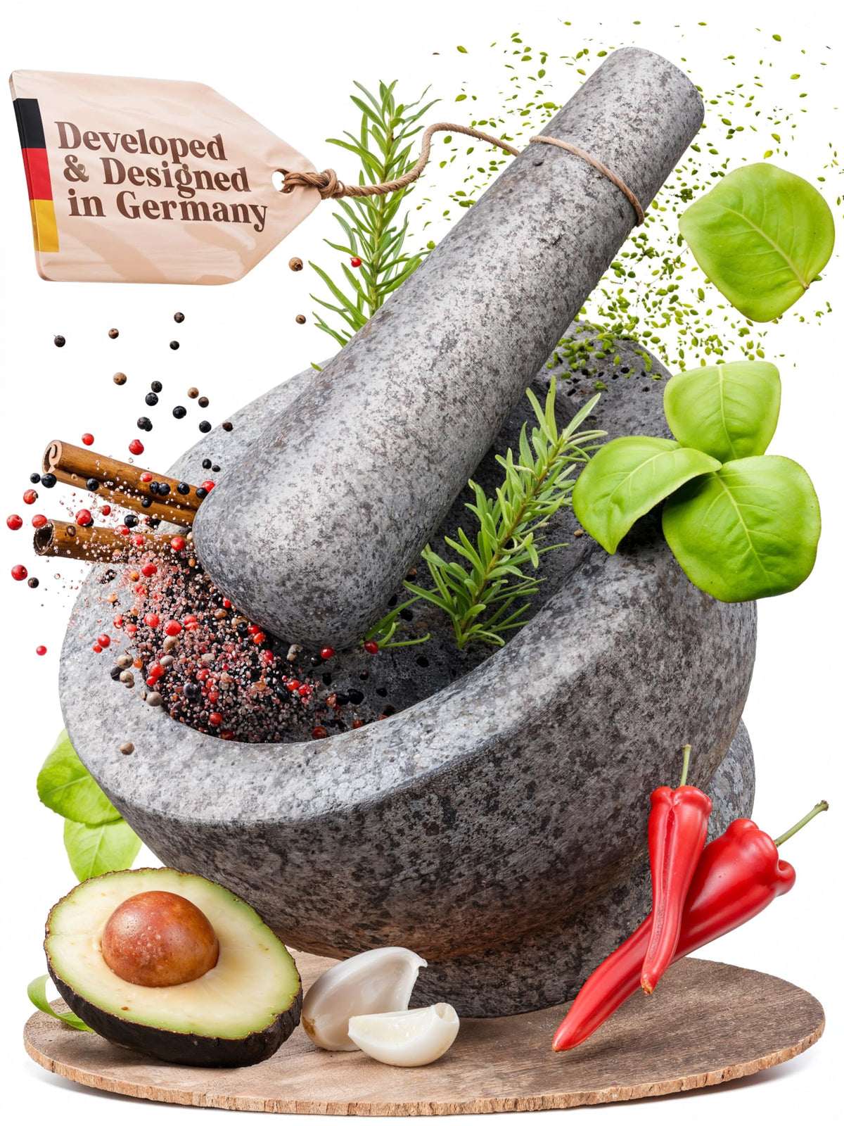 ChefSofi front view gray mortar and pestle highlights sturdy granite and kitchen utility