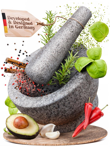 ChefSofi front view gray mortar and pestle highlights sturdy granite and kitchen utility
