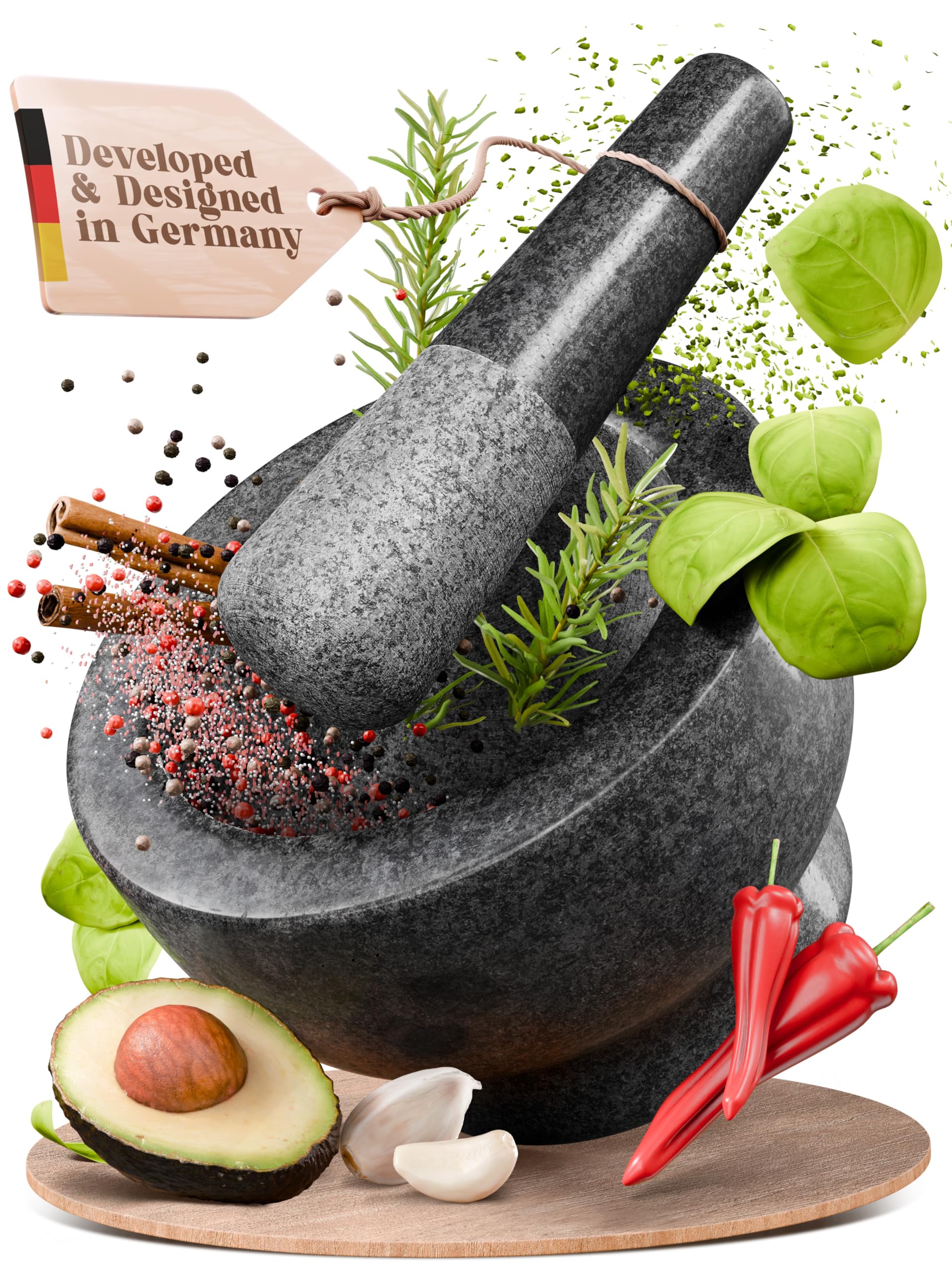 ChefSofi mortar and pestle front view showing durable granite and compact size