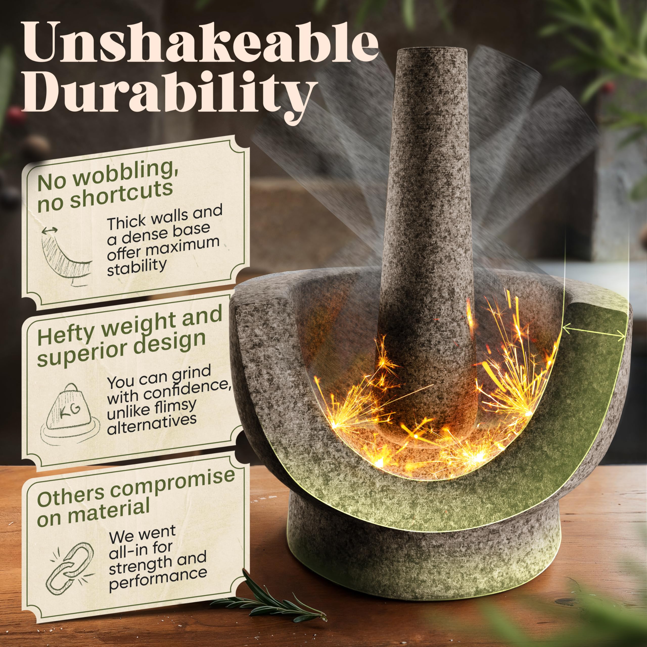 ChefSofi pestle crushing garlic in mortar demonstrating controlled manual grinding benefit