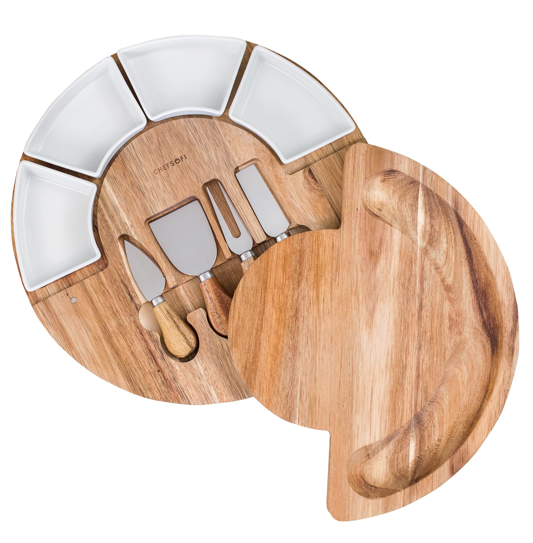 ChefSofi board next to dinner plate showing 13-inch scale and tabletop fit