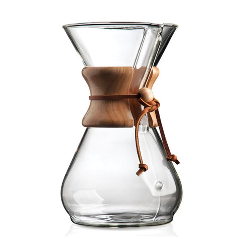 Chemex front view showing elegant glass brewer and hourglass silhouette for stylish serving