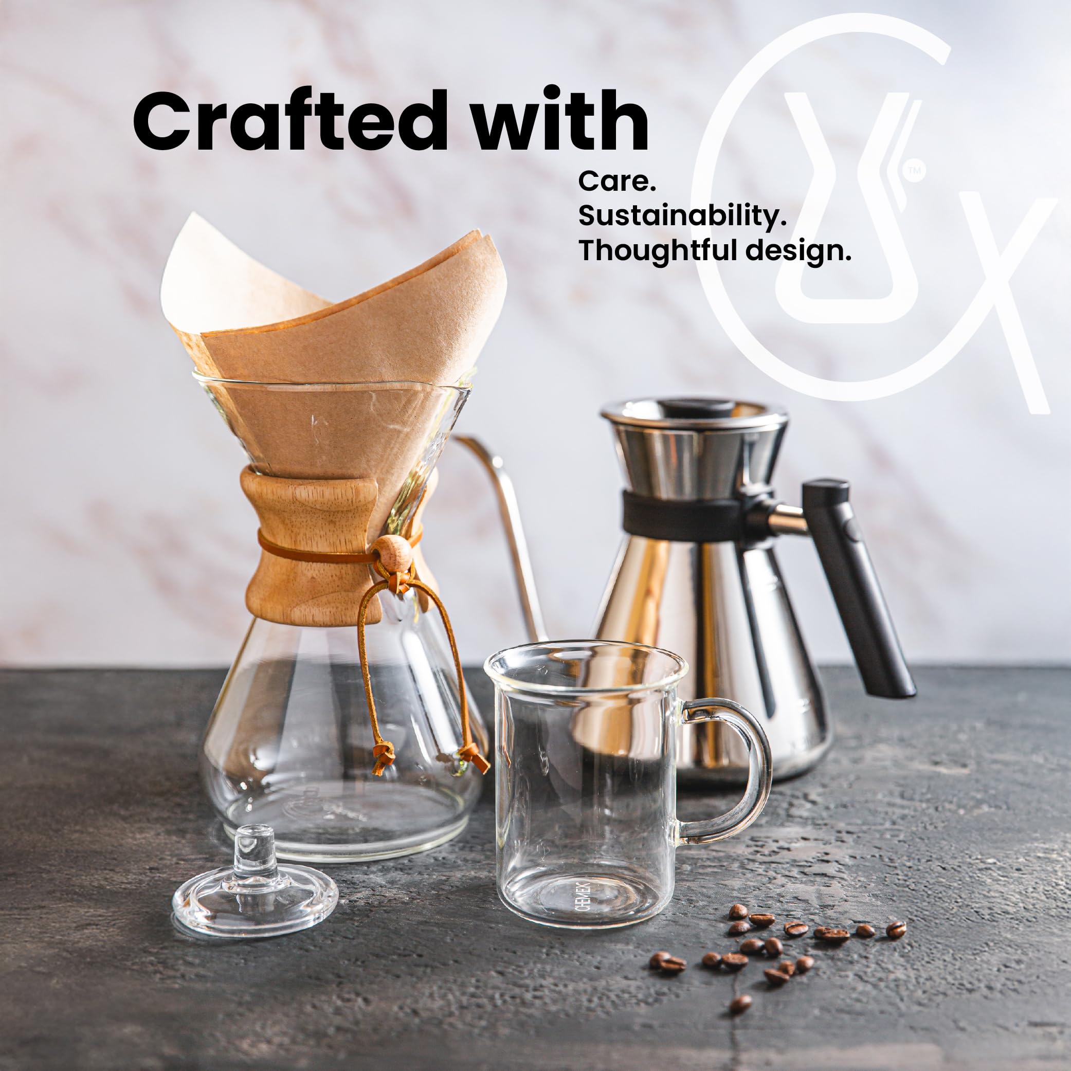 Chemex filter beside cup to show scale and fit for Chemex brewers