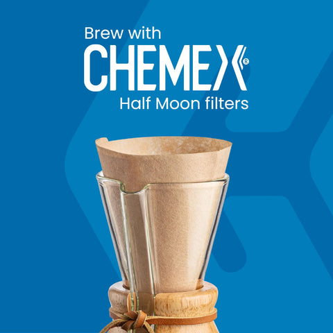 Chemex with half-circle filter installed and ground coffee, Chemex ensures cleaner extraction