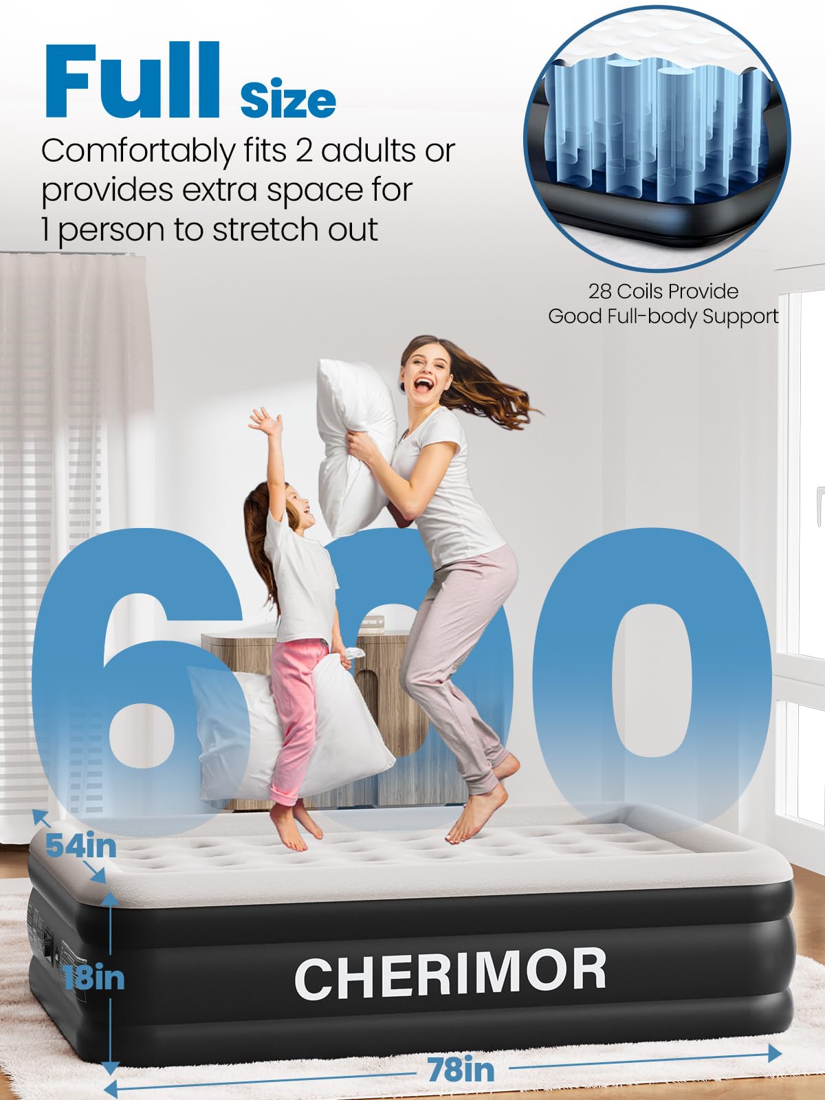 CHERIMOR built-in pump detail showing fast inflation benefit and easy setup