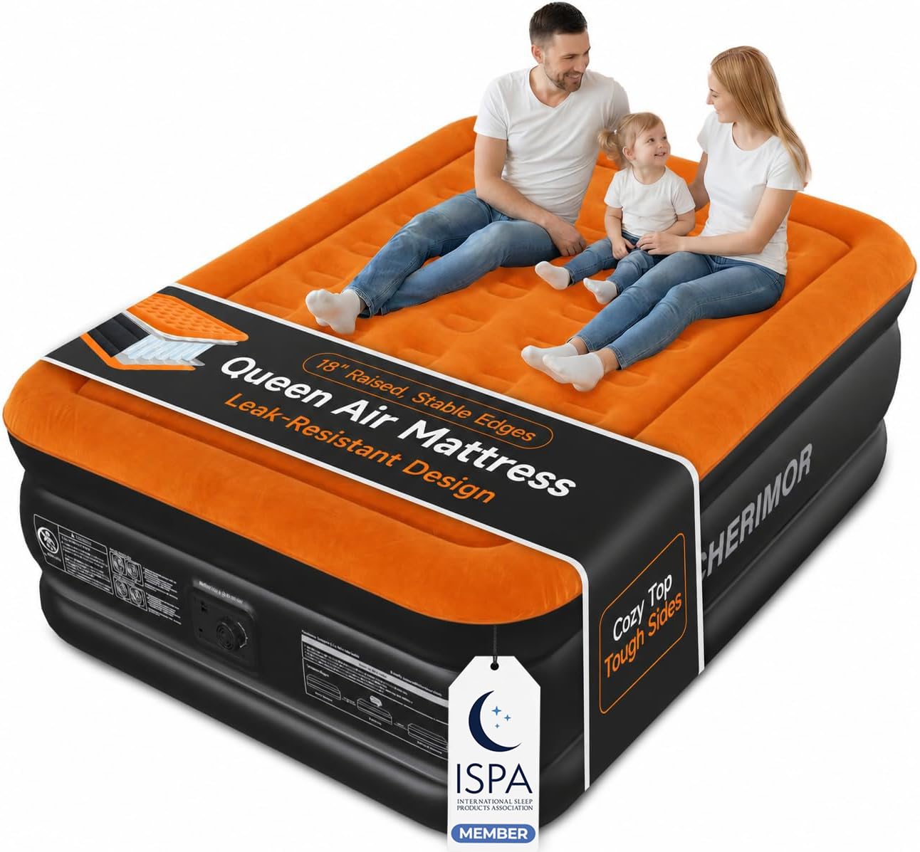 CHERIMOR front view of queen air mattress showing raised comfort and neat appearance