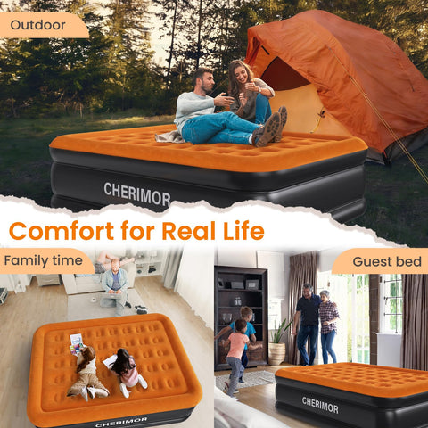 CHERIMOR queen air mattress staged in bedroom showing everyday guest-ready use