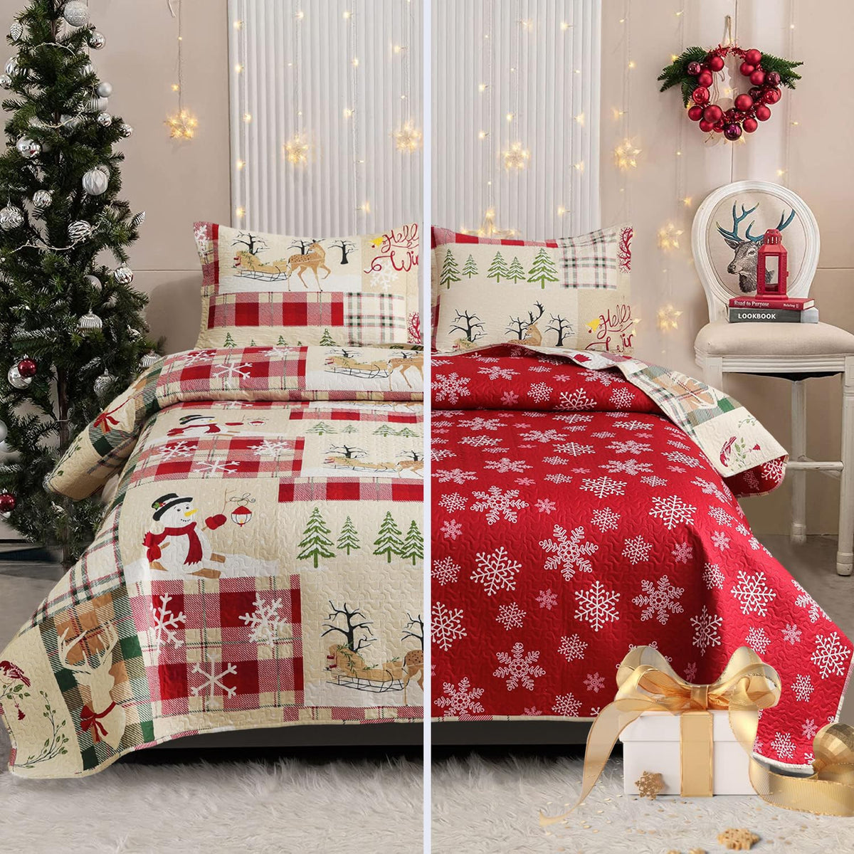 CHESITY queen quilt front view showing festive design and full bed coverage benefit