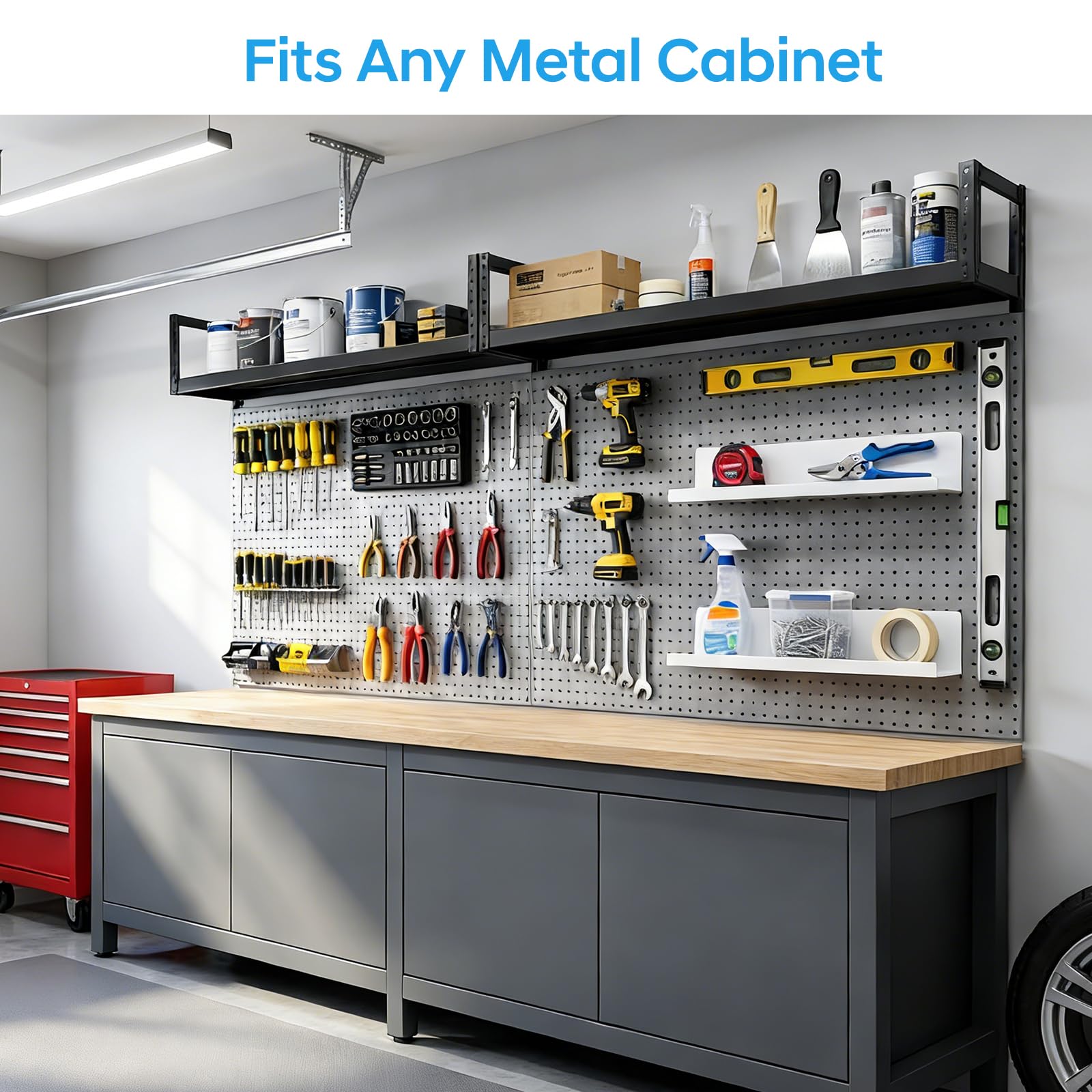 Chewlish shelf in garage storing small tools and tape for tidy, accessible workshop organization