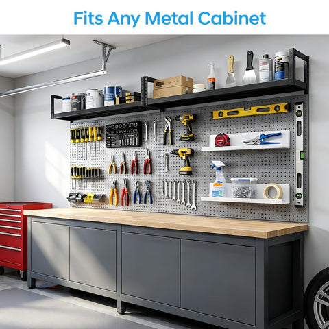 Chewlish shelf in garage storing small tools and tape for tidy, accessible workshop organization