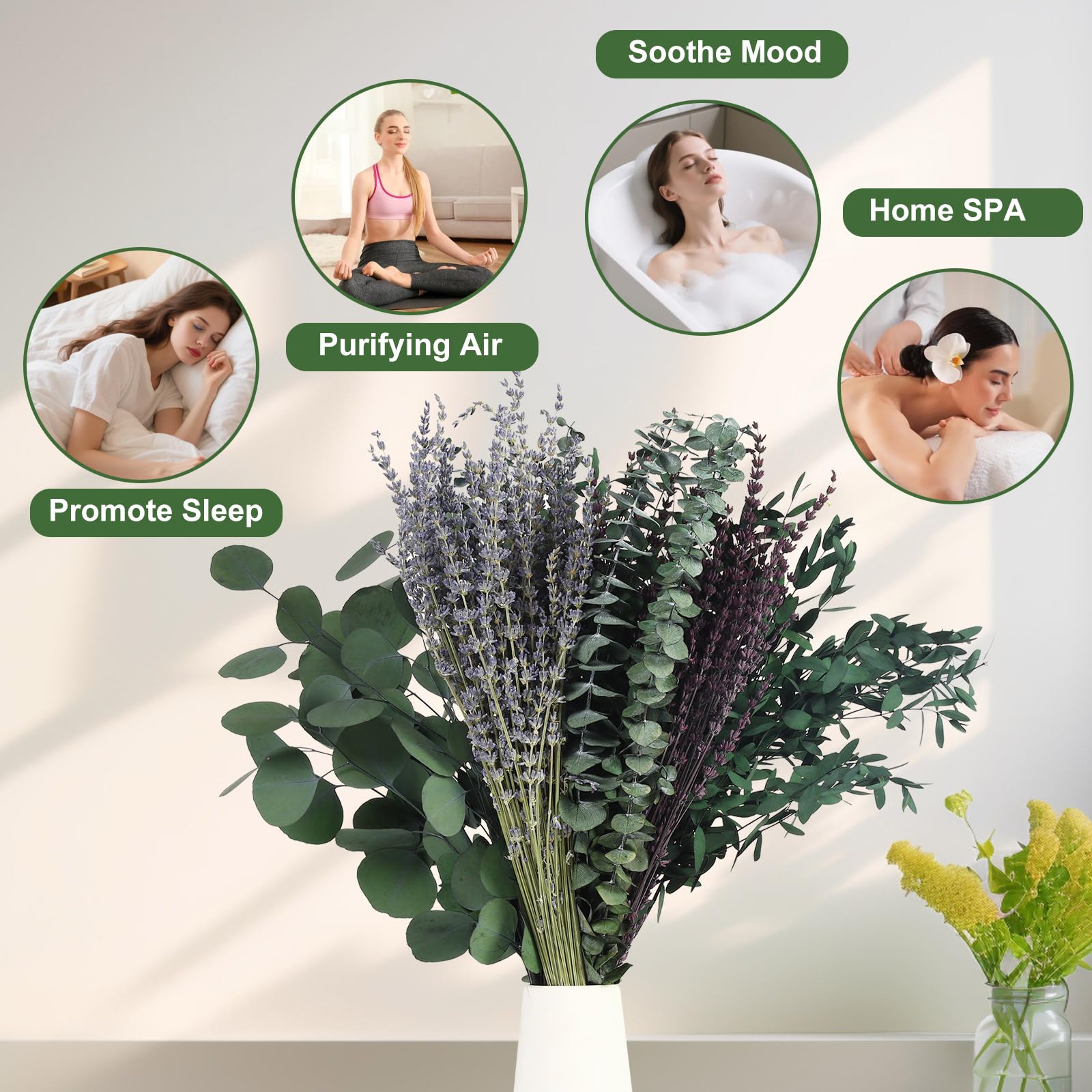 Chflost stems used as shower backdrop creating low-maintenance ambiance