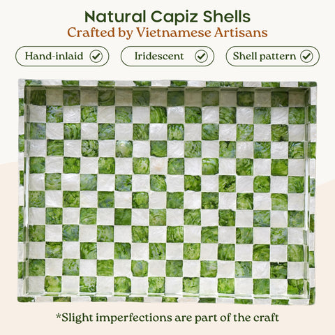 Chi An Home close-up of capiz checkerboard inlay highlighting handcrafted texture and luminous appeal