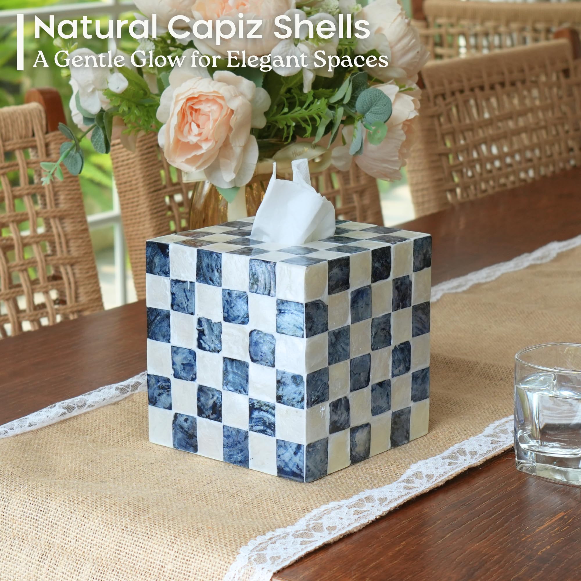 CHI AN HOME close-up of capiz shell tiles shows handcrafted shine and texture