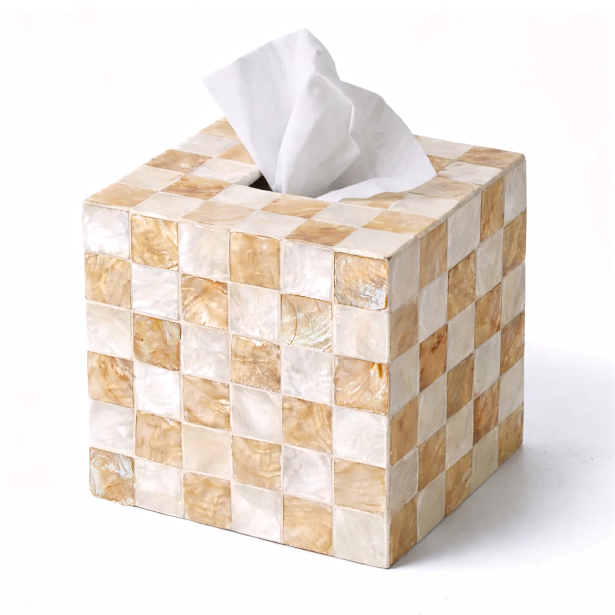 CHI AN HOME front view of ivory capiz tissue box cover showing elegant finish