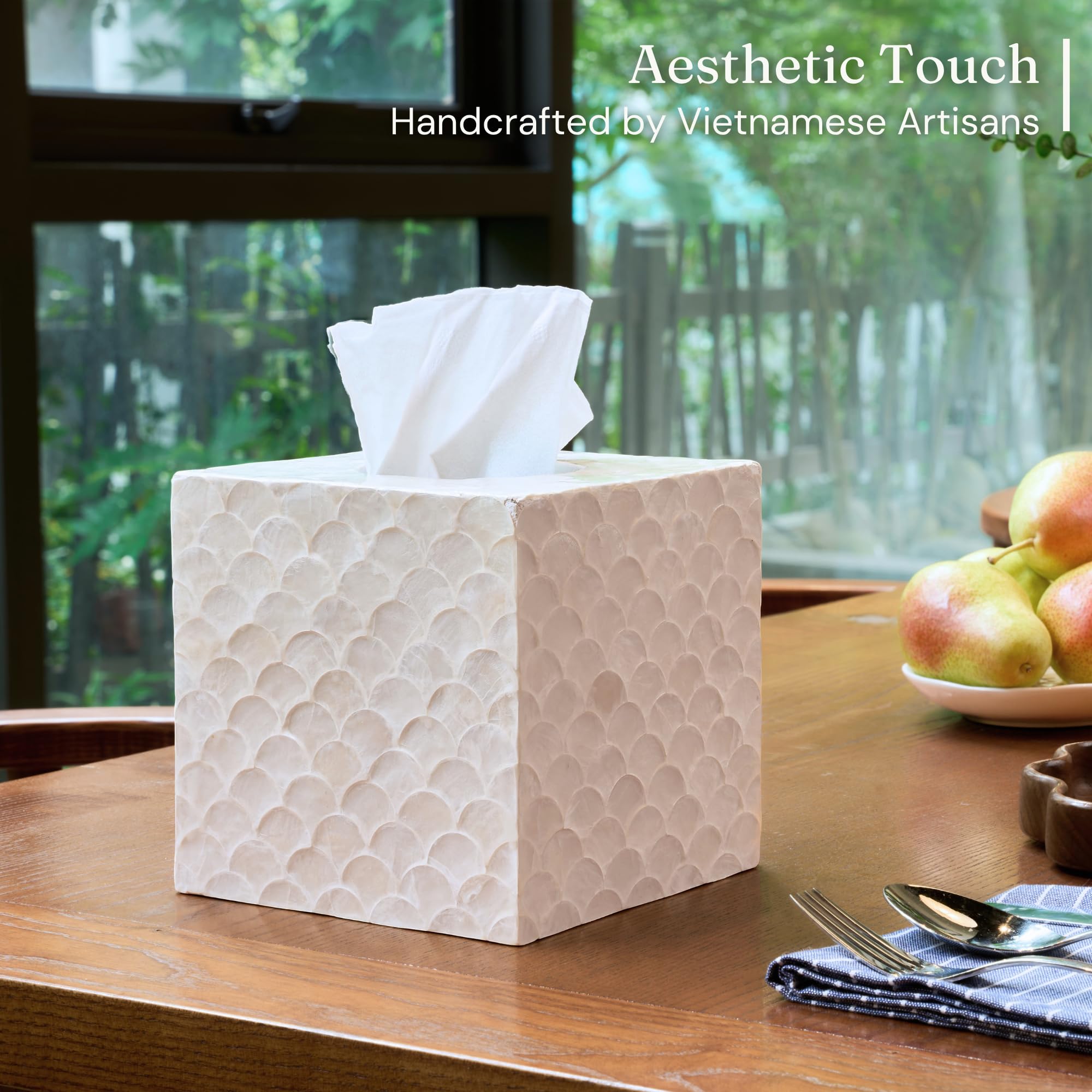 CHI AN HOME next to a standard cube tissue box demonstrating proper fit