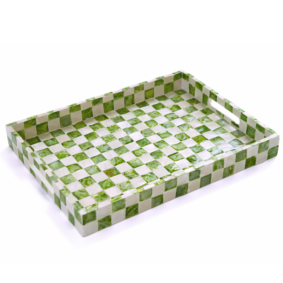 Chi An Home front view of green capiz tray showing checkerboard sheen and elegant styling benefit