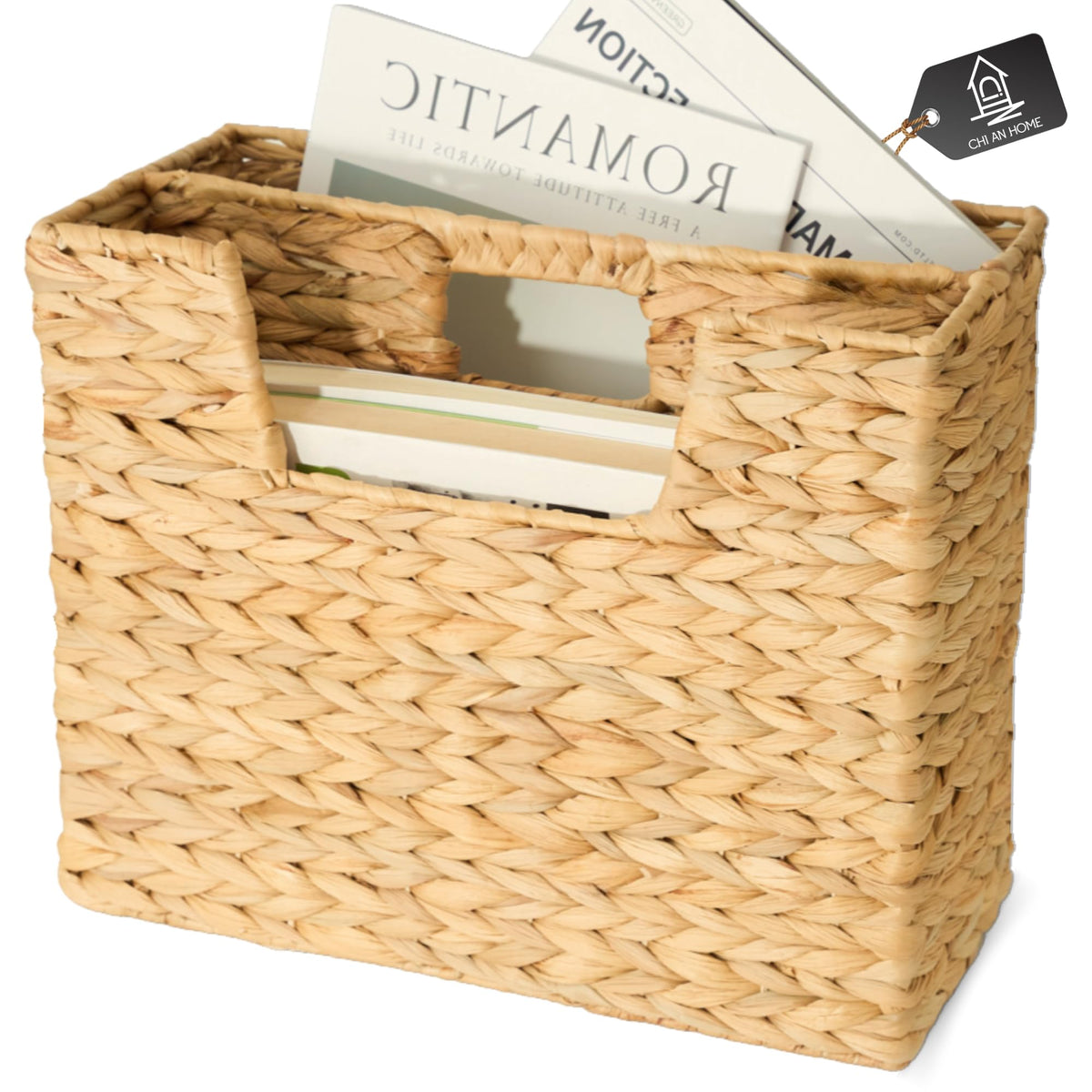 Chi An Home front view of wicker magazine basket adds tidy storage