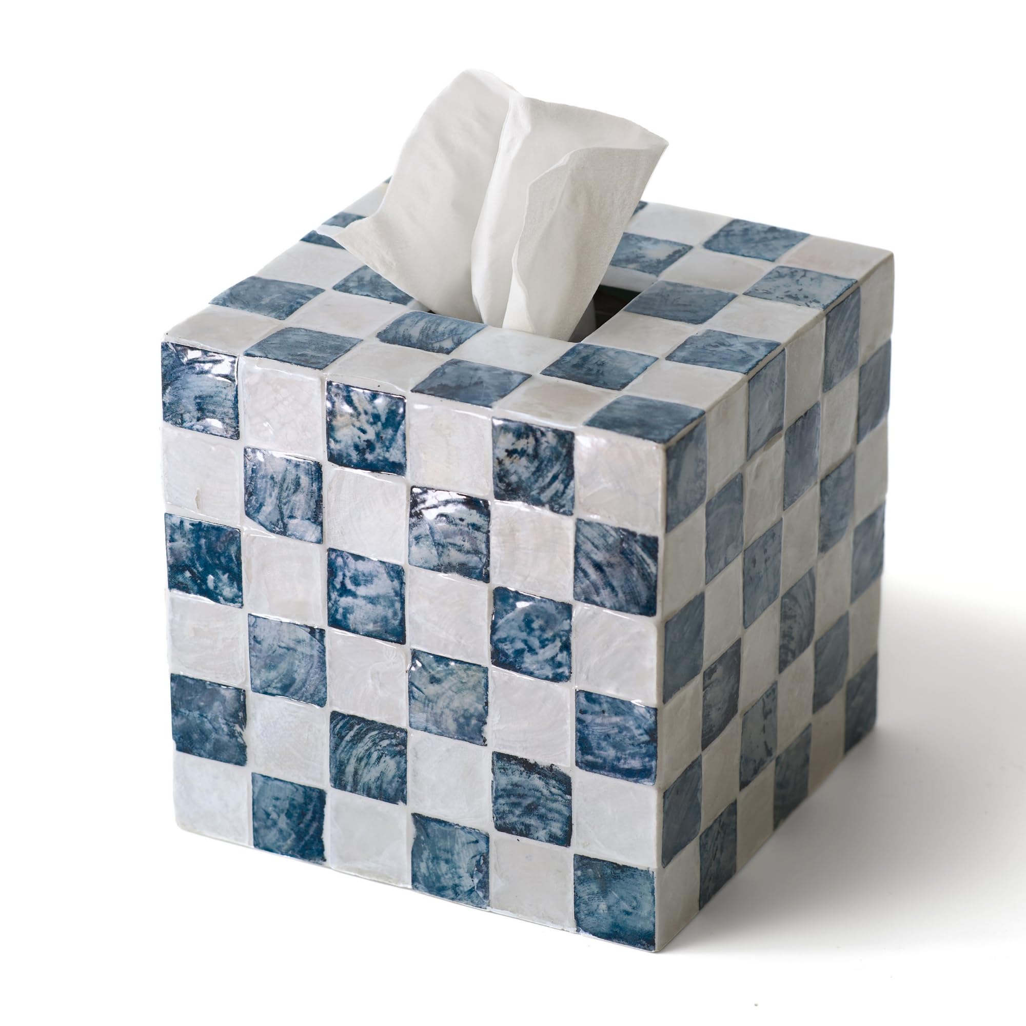CHI AN HOME front view of navy capiz tissue box cover adds elegant decor