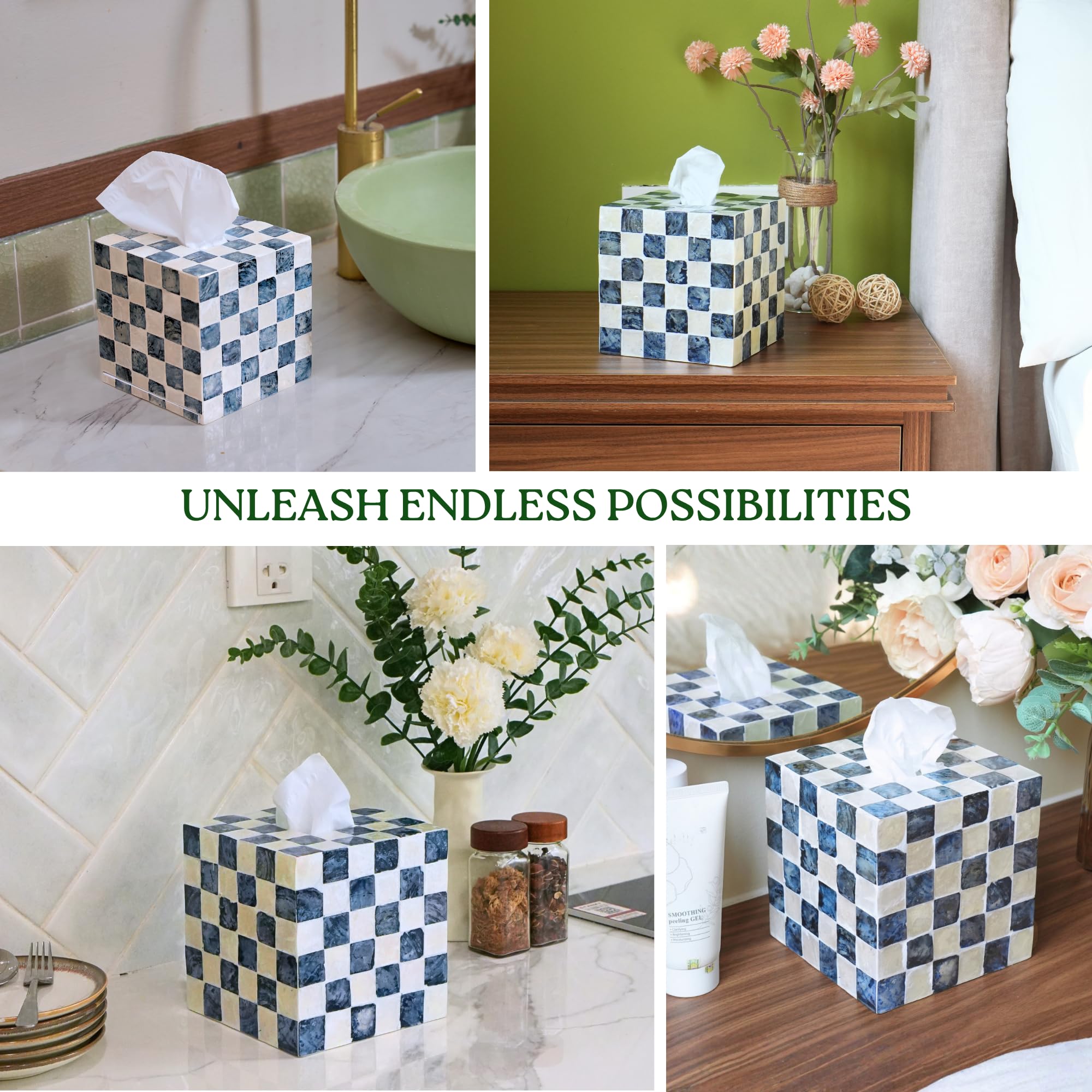 CHI AN HOME navy checkerboard pattern detail highlights artisan finish