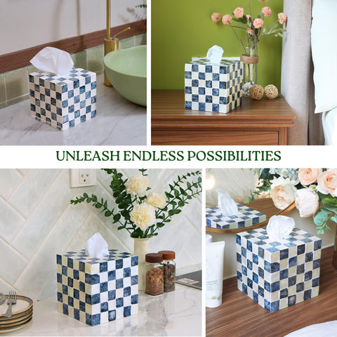 CHI AN HOME navy checkerboard pattern detail highlights artisan finish