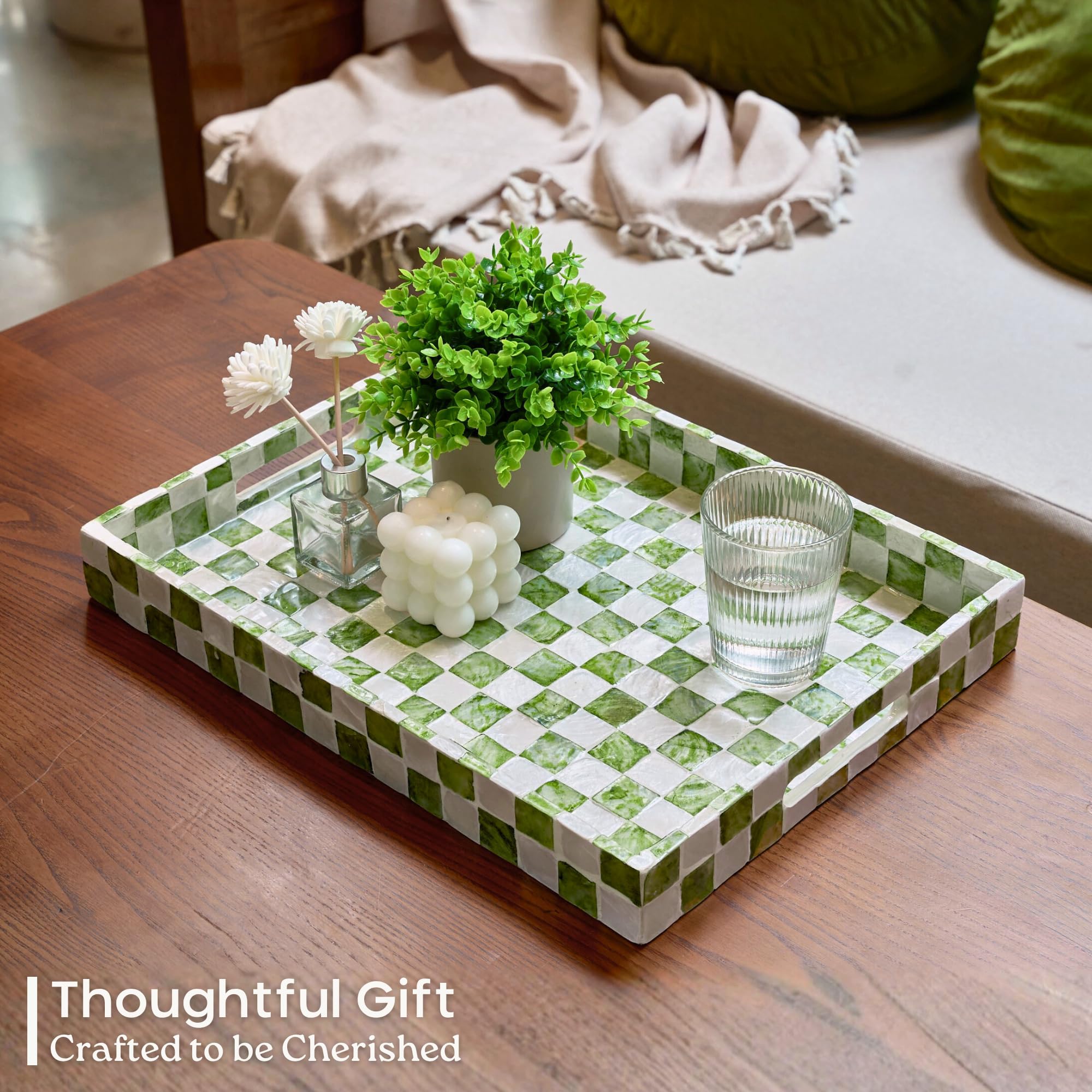 Chi An Home tray beside common objects showing scale and versatile size benefit