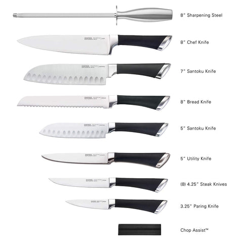 Chicago Cutlery knife in use chopping vegetables showing balanced blade for efficient prep benefit